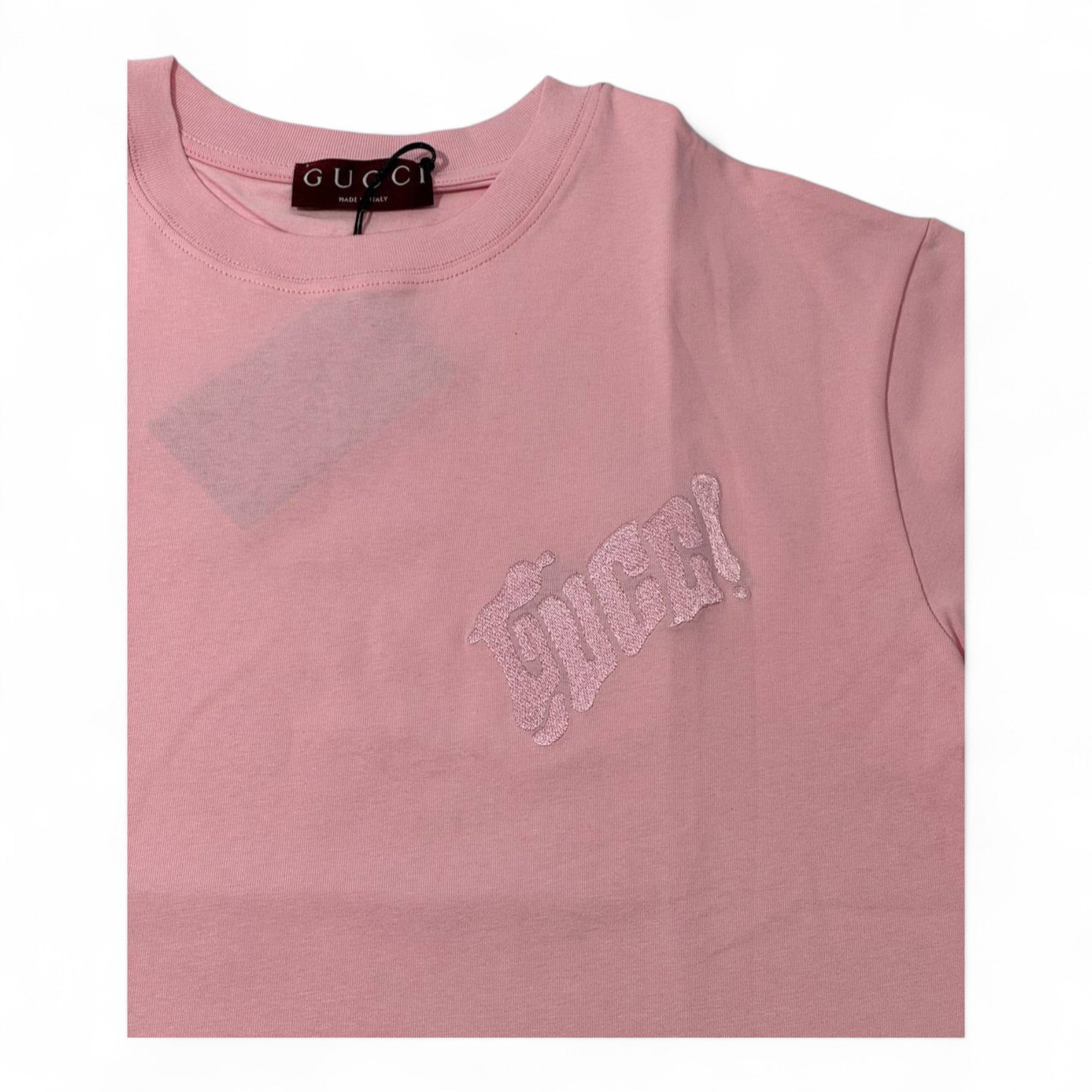 GUCCI Pink Graphic Logo Tee – Bold, Playful, Iconic