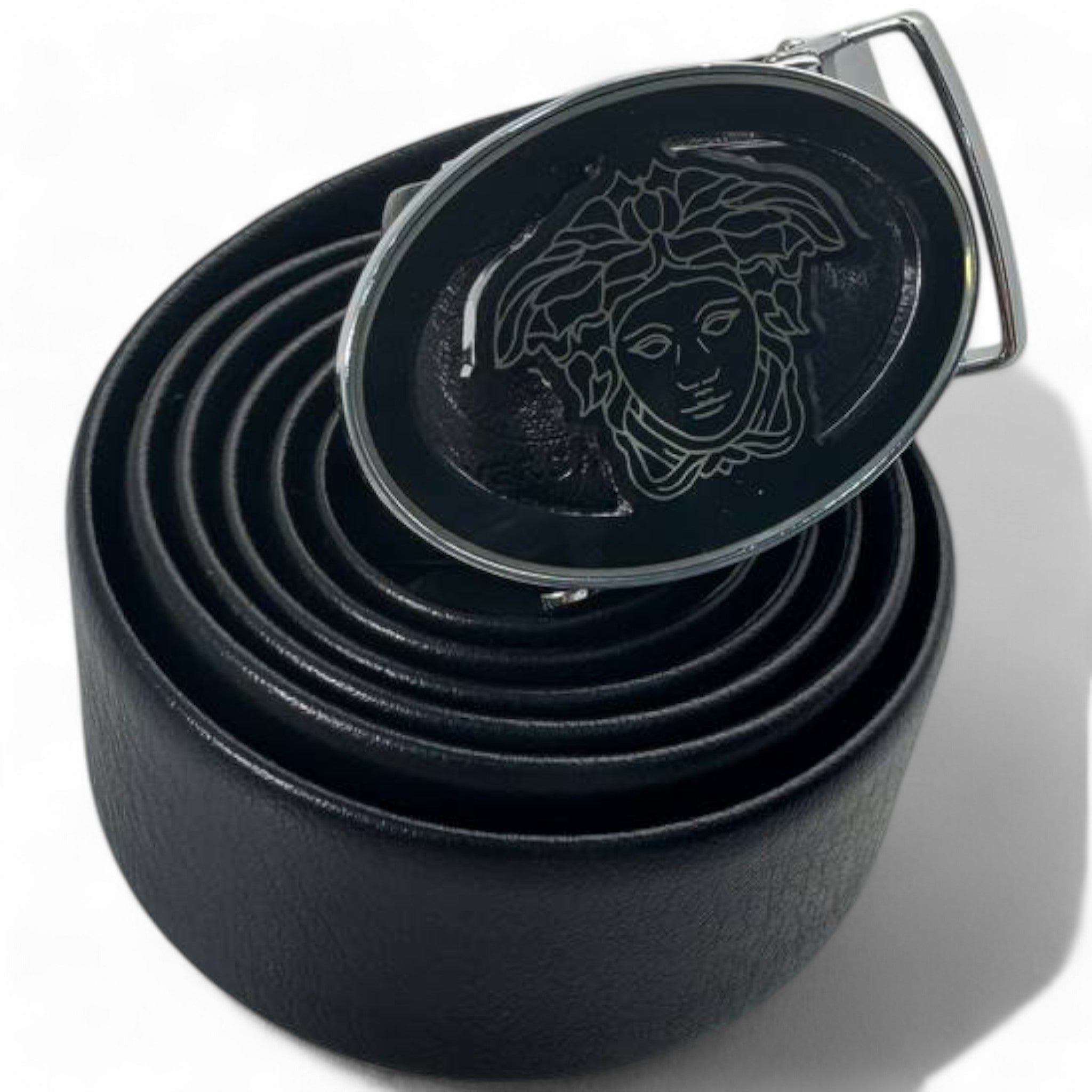 Versace Black Leather Belt with Medusa Oval Buckle