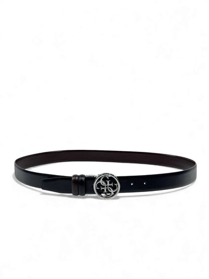 🖤 Guess Signature Black Leather Belt – Silver Logo Buckle (125 cm) 🖤