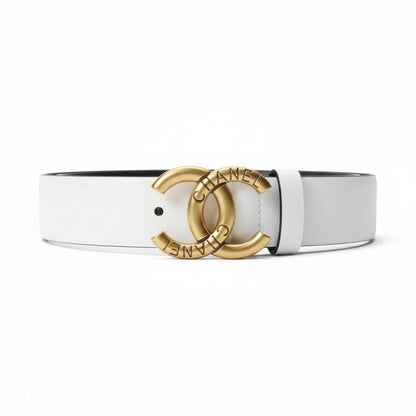 Chanel CC Logo Leather Belt – White with Gold Engraved Buckle 🤍✨