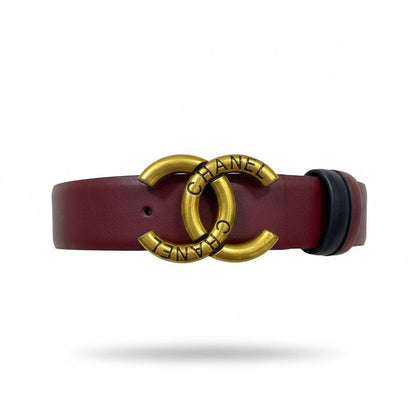 Chanel CC Logo Leather Belt – Burgundy Gold Statement Buckle ✨🍷