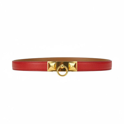 Hermès Collier de Chien Inspired Red Leather Belt – Gold Pyramid Ring Buckle 🔥✨