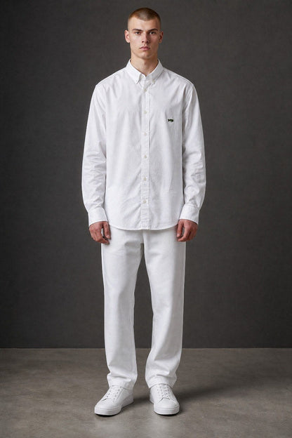 Lacoste Premium Classic White Oxford Button Down Long Sleeve Shirt for Men – Luxury Smart Casual Wardrobe Essential 🤍✨