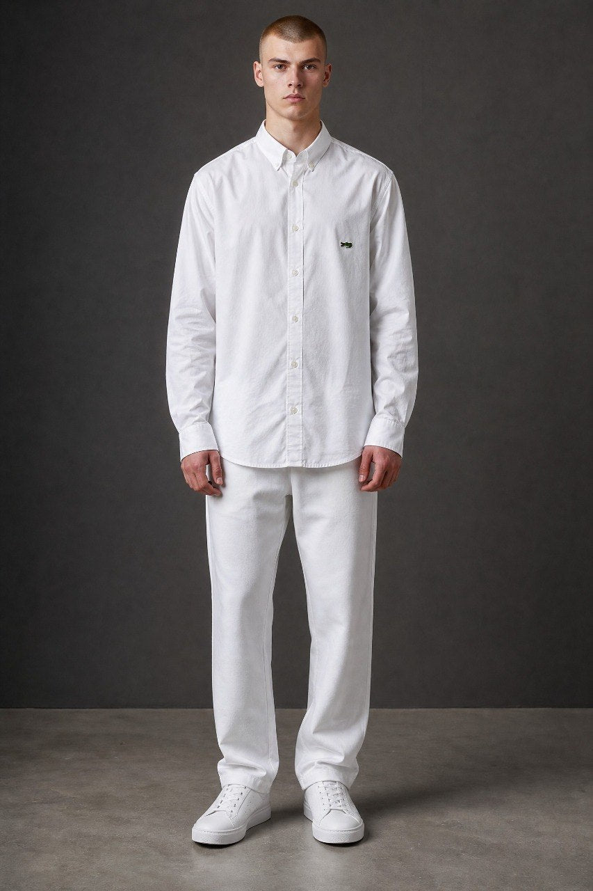 Lacoste Premium Classic White Oxford Button Down Long Sleeve Shirt for Men – Luxury Smart Casual Wardrobe Essential 🤍✨
