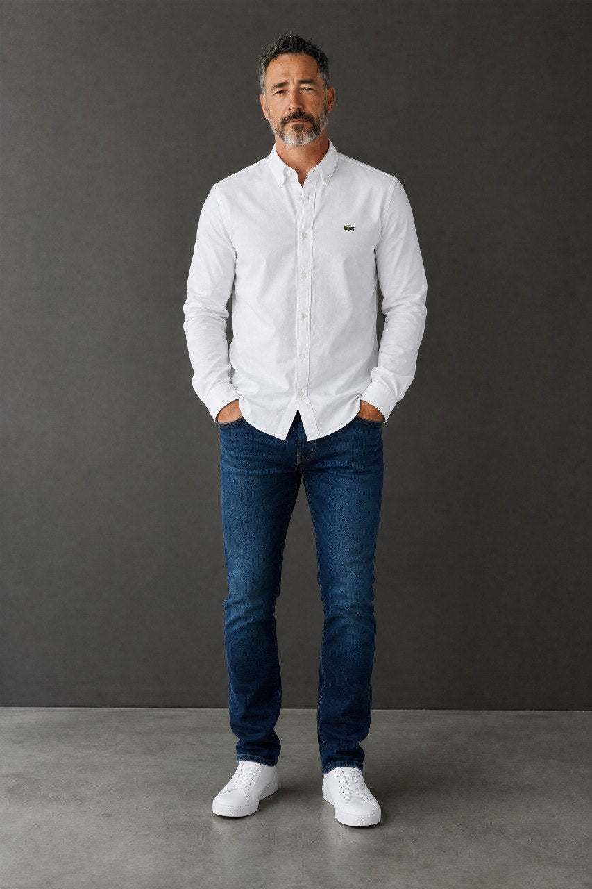 Lacoste Premium Classic White Oxford Button Down Long Sleeve Shirt for Men – Luxury Smart Casual Wardrobe Essential 🤍✨