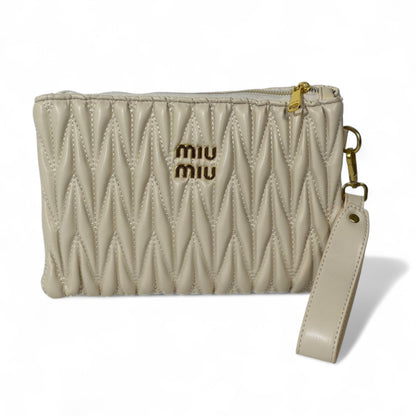 Miu Miu Matelassé Wristlet – Cream Quilted Leather Clutch with Gold Logo ✨🤍