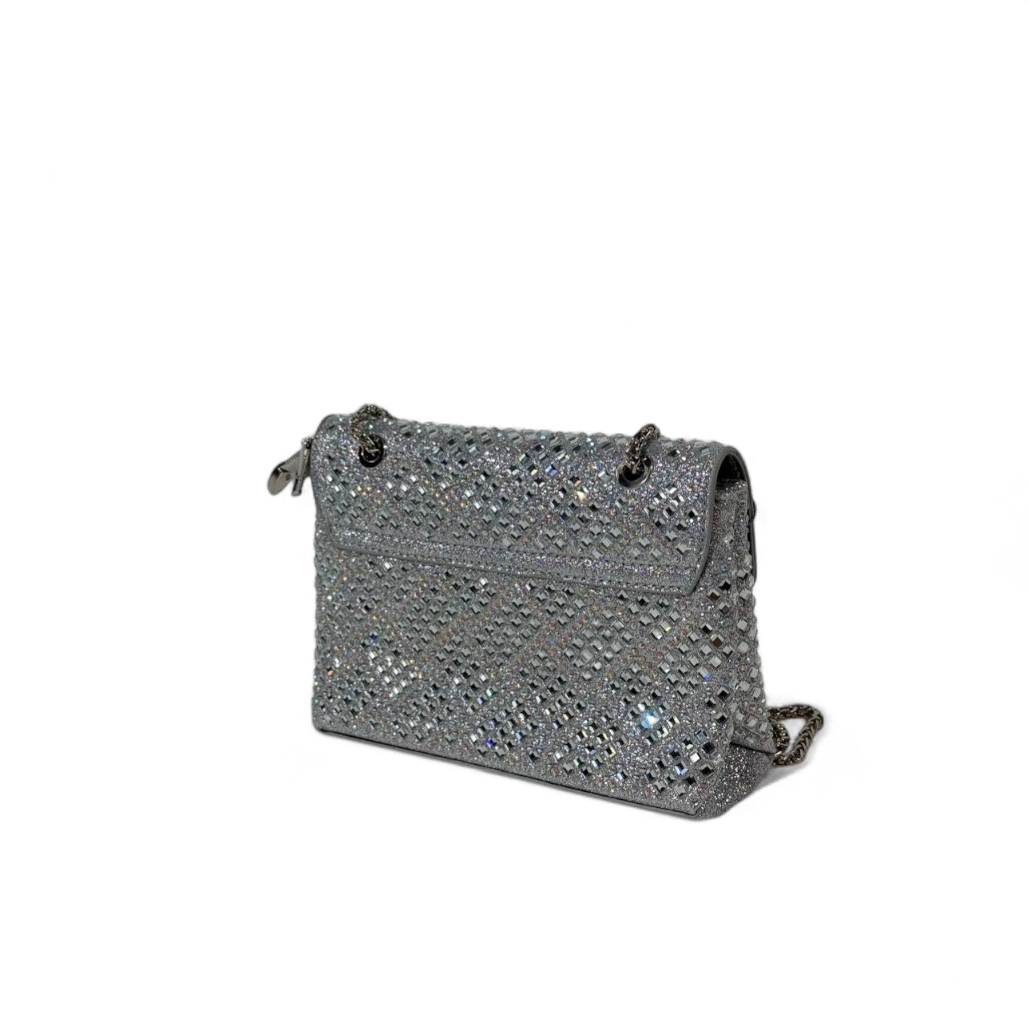 Silver Crystal Shoulder Bag – Embellished Hamsa Clasp Crossbody with Chain Strap ✨🤍