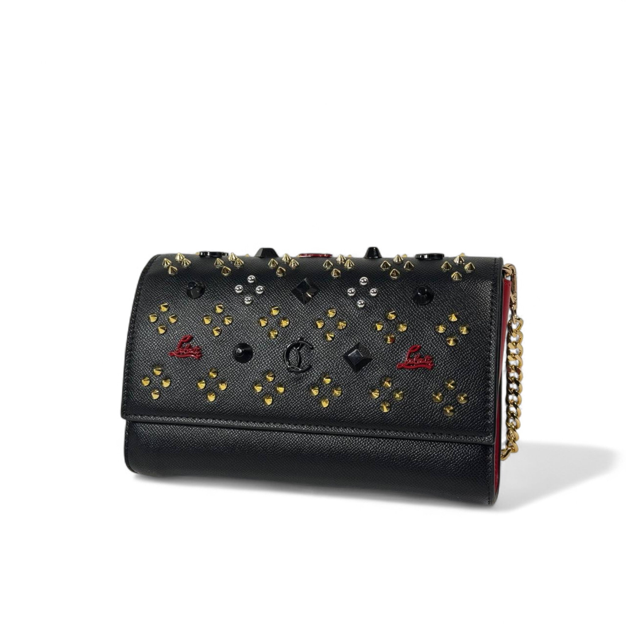 🖤 Christian Louboutin Kypipouch Studded Black Leather Clutch Bag 🔥 Luxury Meets Edge – Iconic Red & Gold Detail