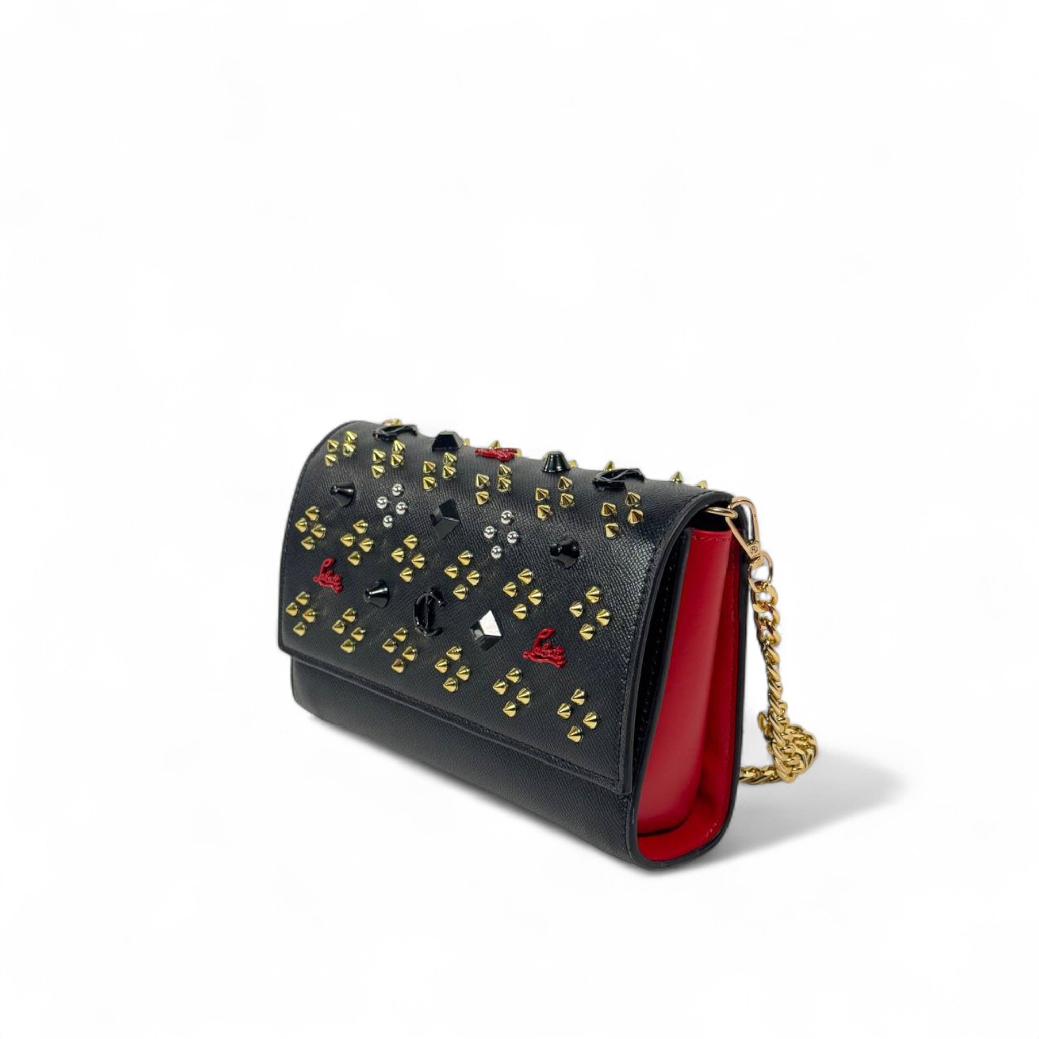 🖤 Christian Louboutin Kypipouch Studded Black Leather Clutch Bag 🔥 Luxury Meets Edge – Iconic Red & Gold Detail