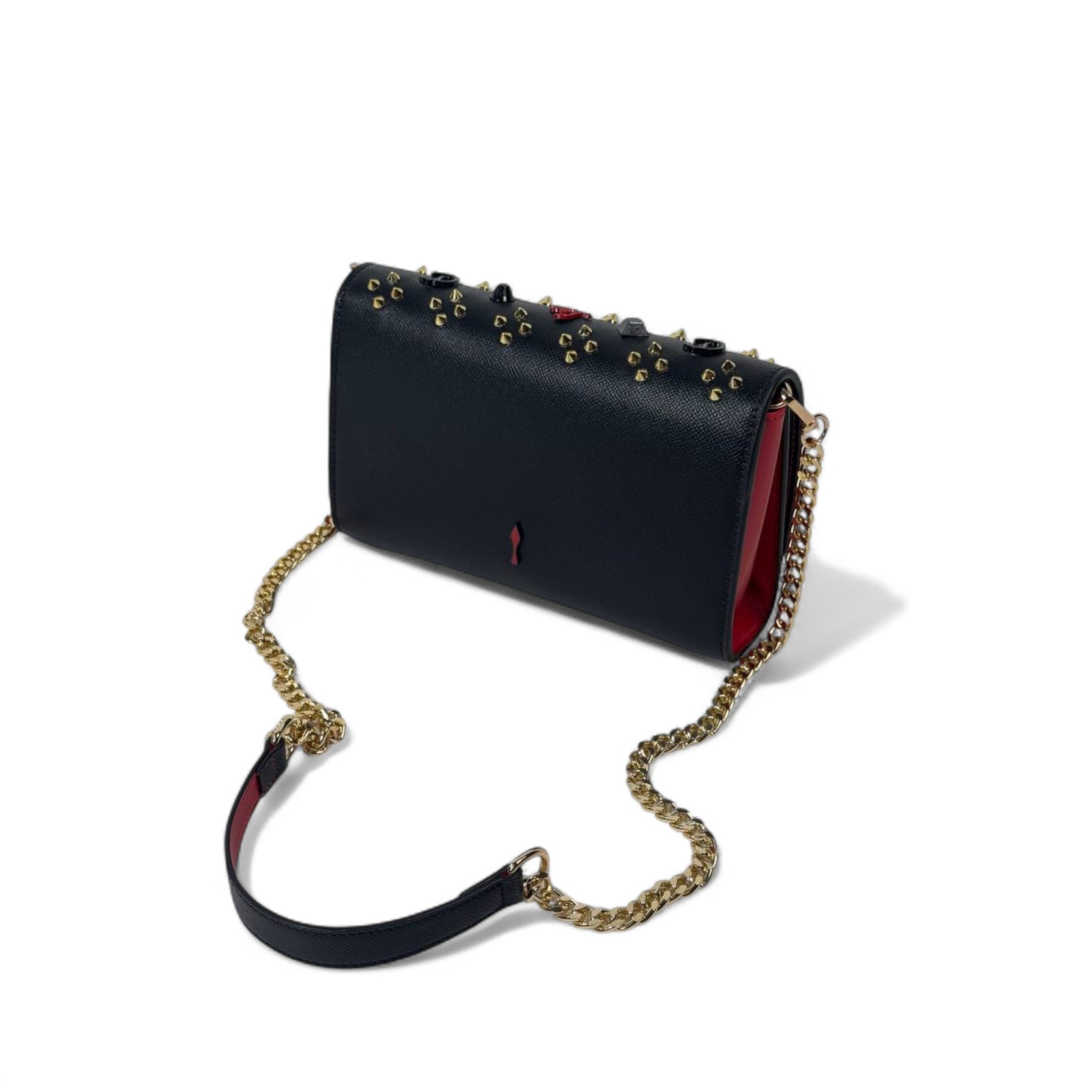 🖤 Christian Louboutin Kypipouch Studded Black Leather Clutch Bag 🔥 Luxury Meets Edge – Iconic Red & Gold Detail