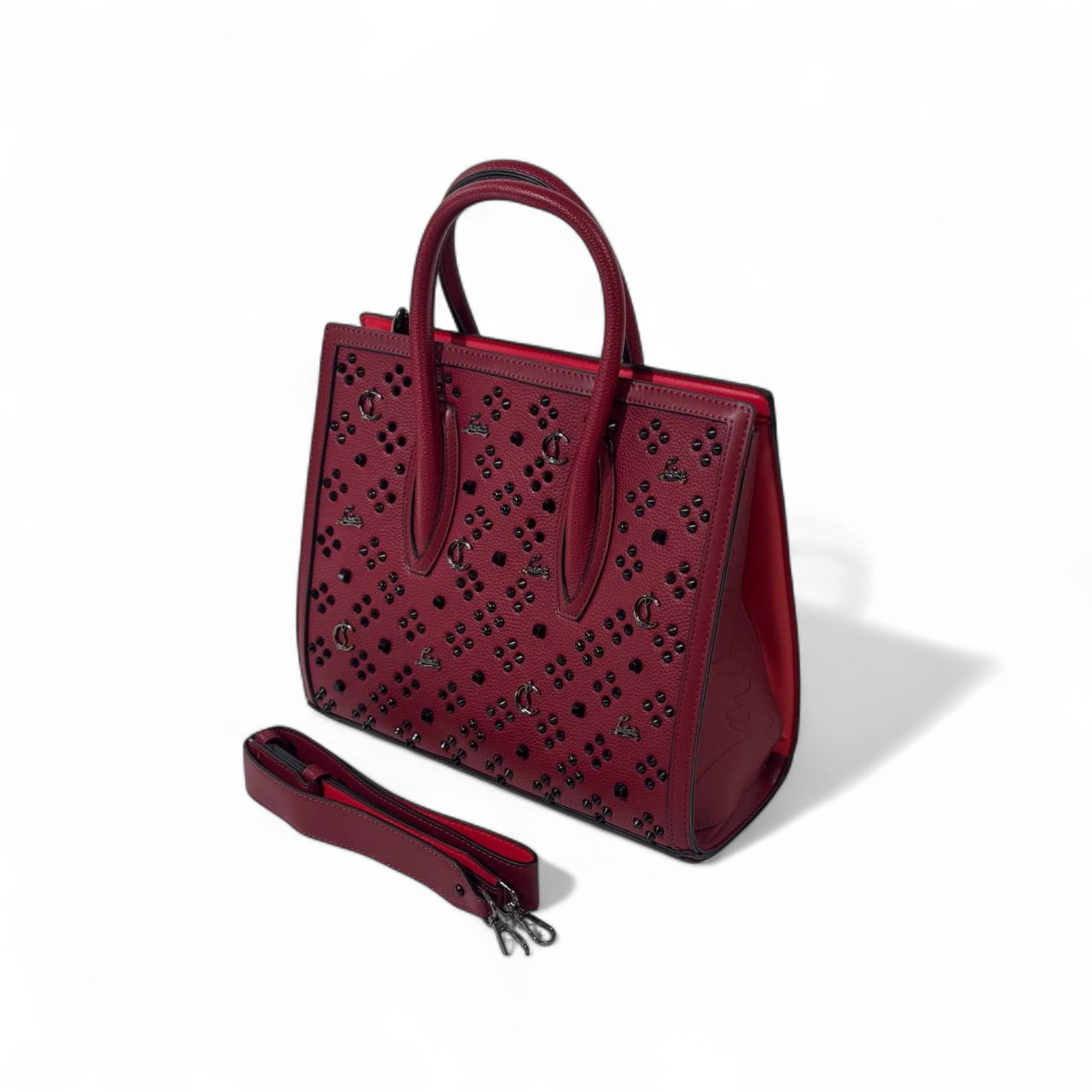 Christian Louboutin Deep Red Cabata Tote – Black Studs & Leather Strap ❤️🖤