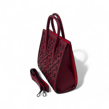 Christian Louboutin Deep Red Cabata Tote – Black Studs & Leather Strap ❤️🖤