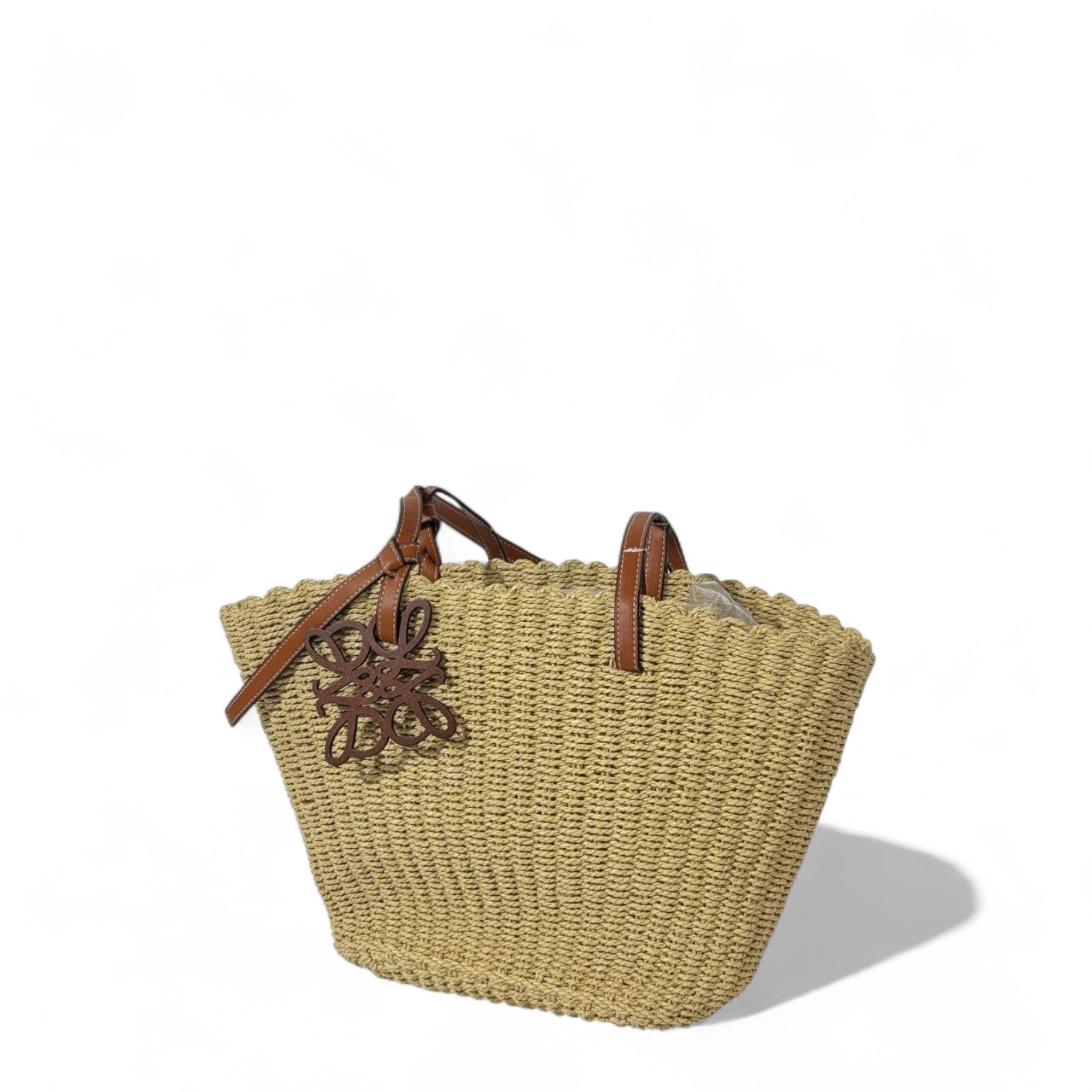 Loewe Small Basket Bag – Handwoven Palm Leaf with Tan Leather Handles & Anagram Charm 🌞👜