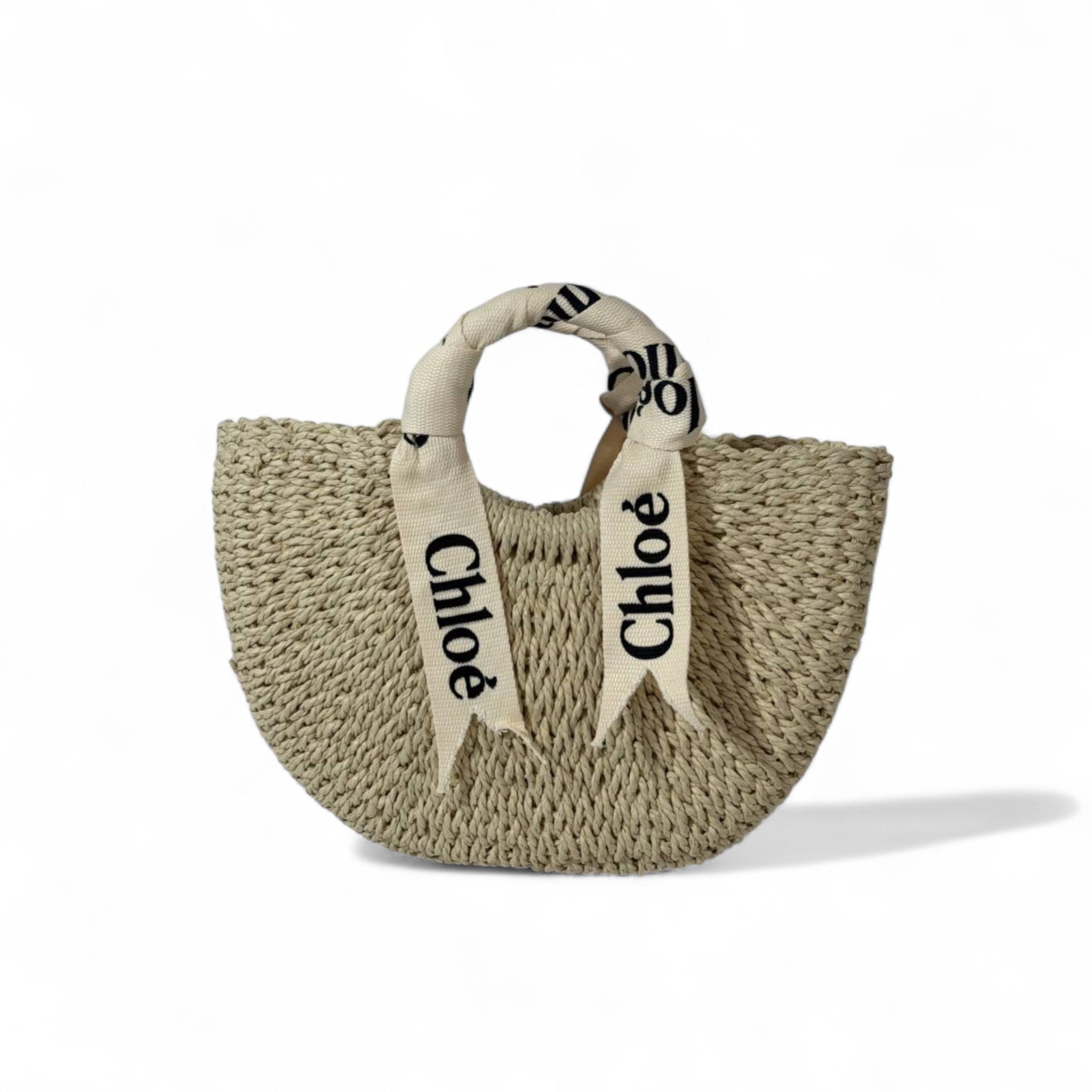 Chloé Woody Raffia Basket Bag – Natural Straw with Logo Canvas Handles 🌾