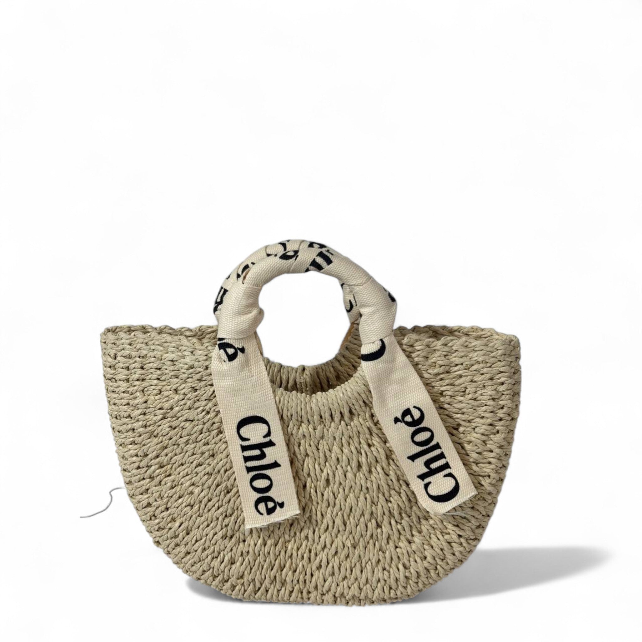 Chloé Woody Raffia Basket Bag – Natural Straw with Logo Canvas Handles 🌾