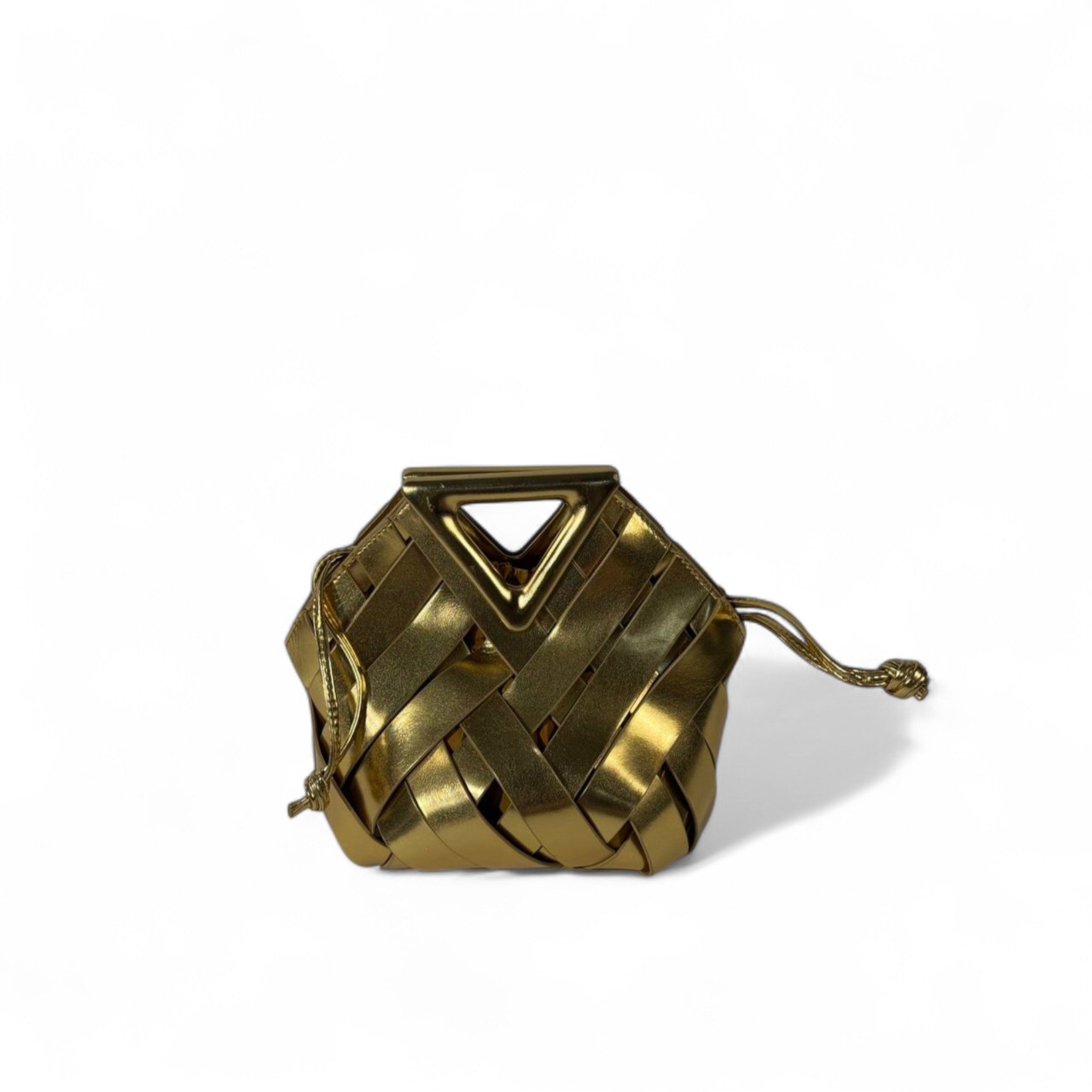 Gold Bottega Veneta Inspired Woven Leather Handbag – Geometric Design with Inner Pouch