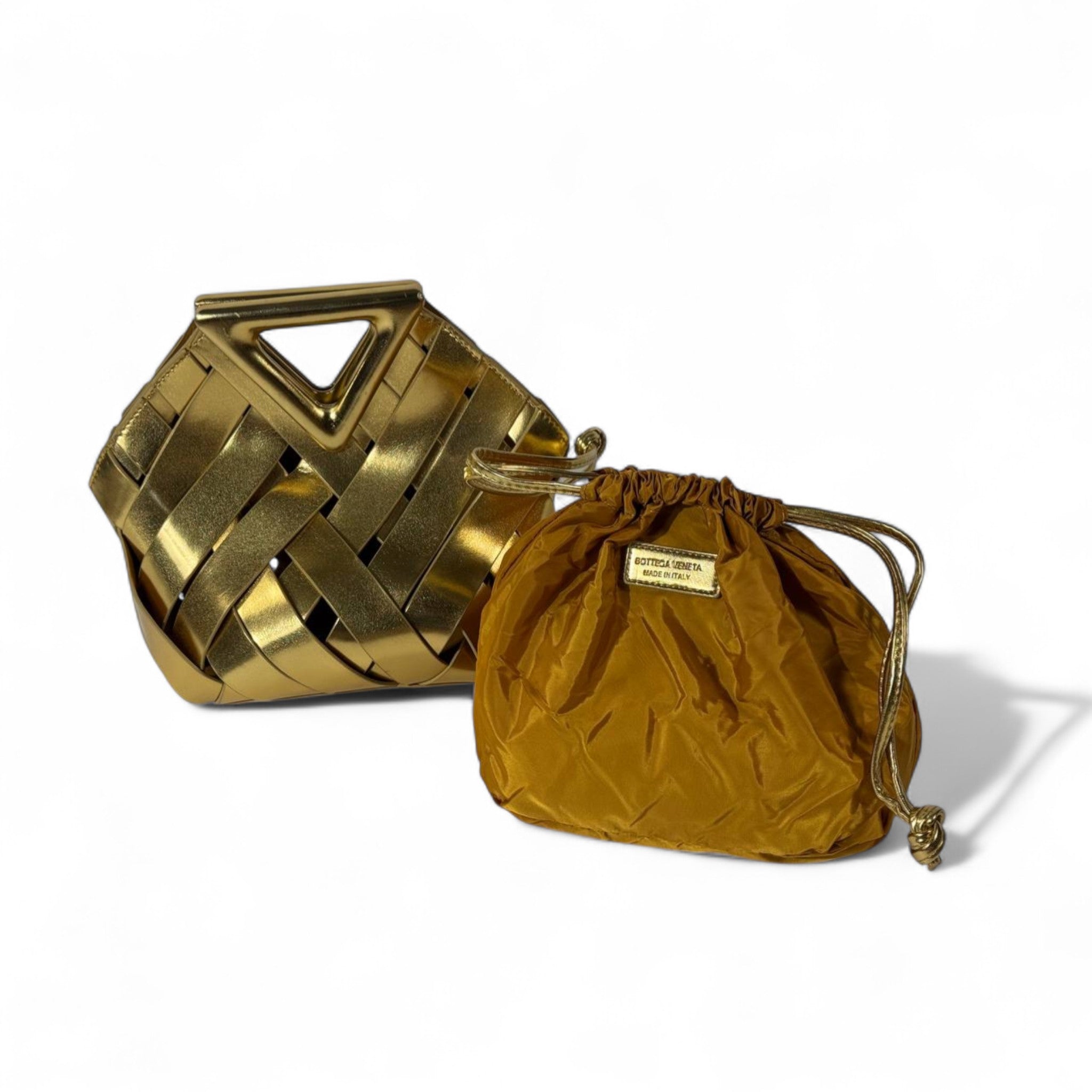 Gold Bottega Veneta Inspired Woven Leather Handbag – Geometric Design with Inner Pouch