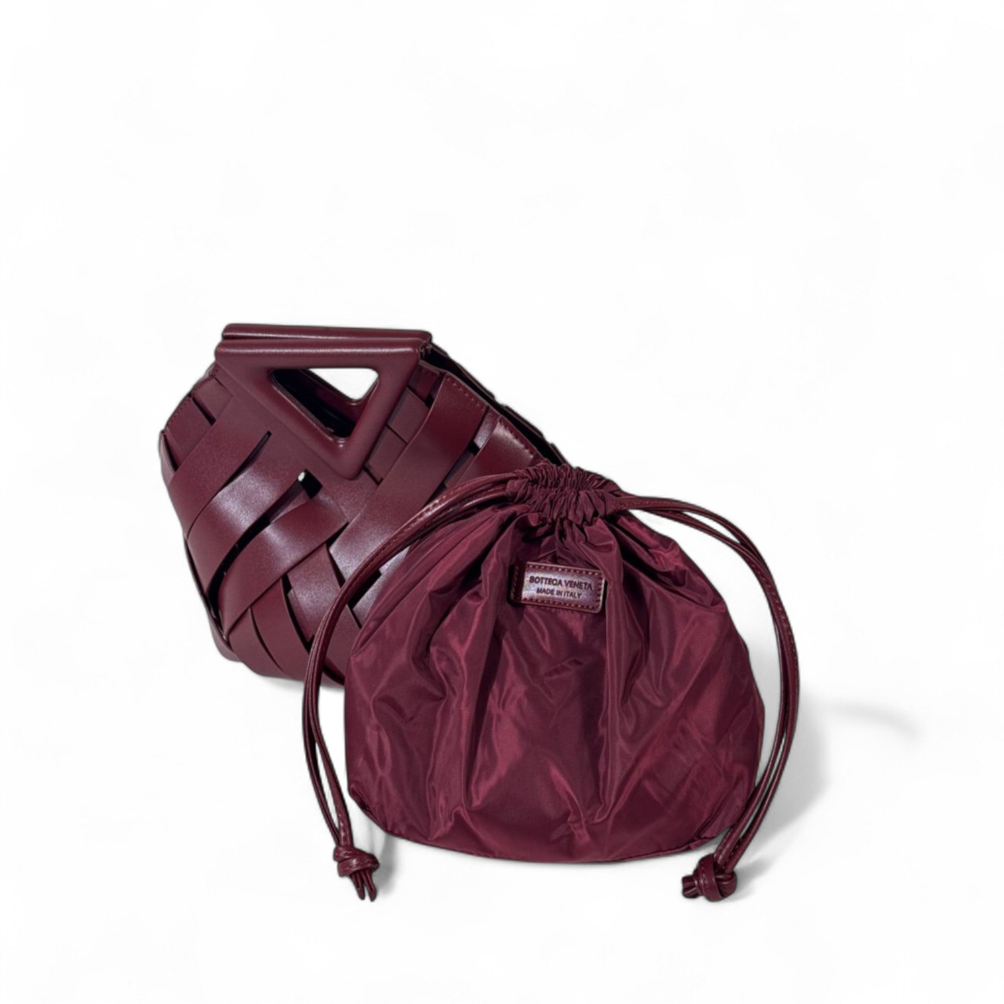 Burgundy Bottega Veneta Inspired Woven Leather Handbag – Sculptural Design with Inner Pouch
