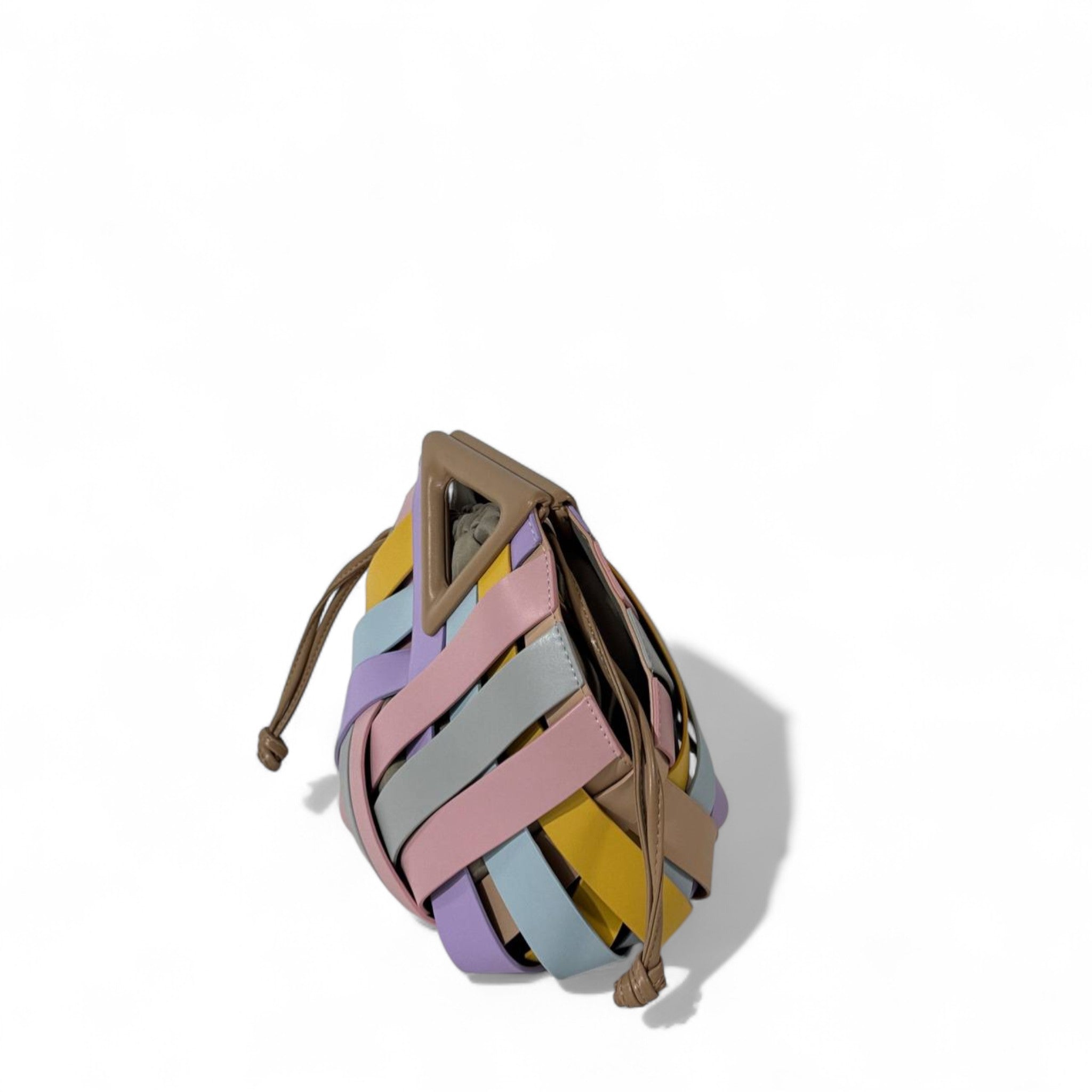 Pastel Rainbow Bottega-Inspired Woven Handbag – Geometric Leather Design with Drawstring Pouch