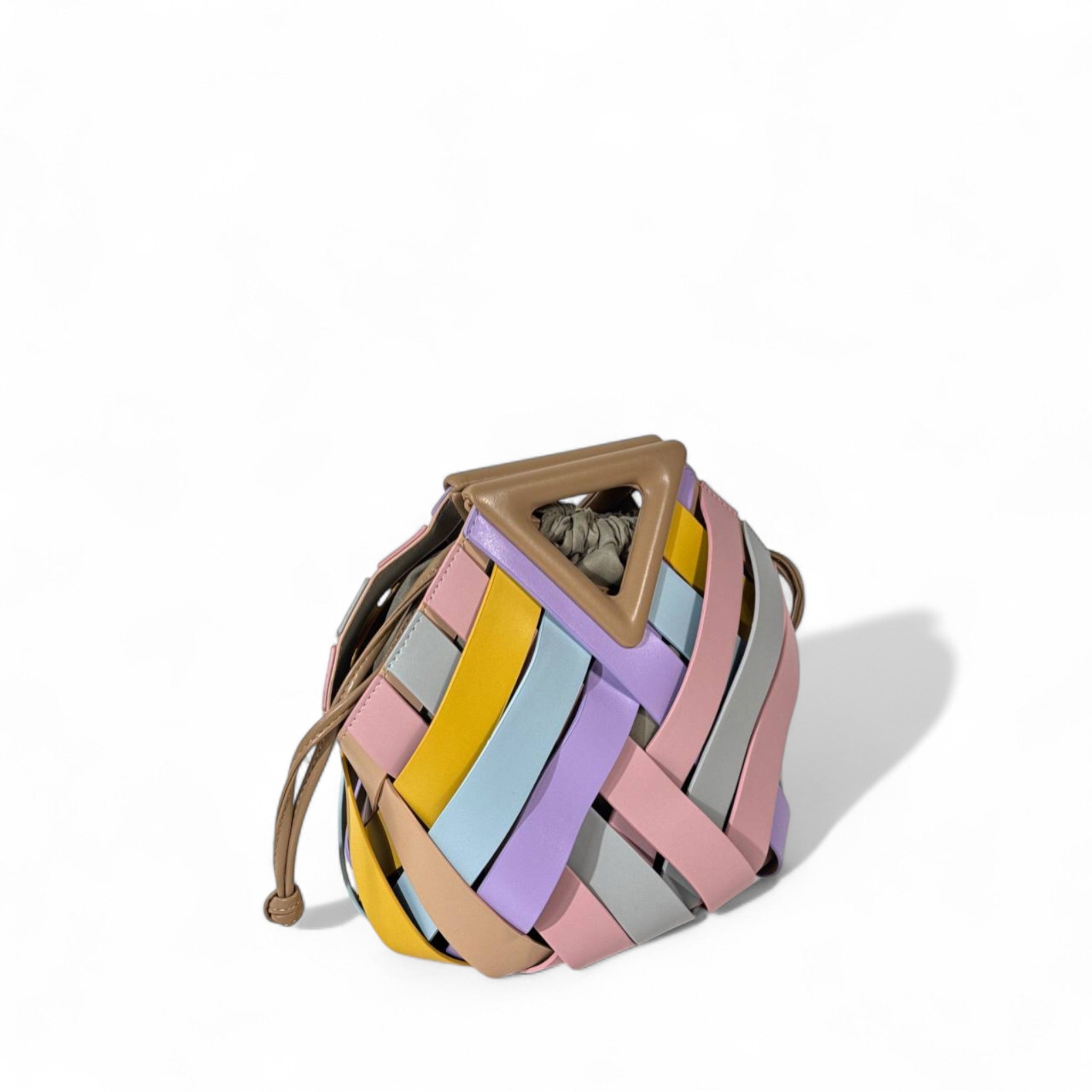 Pastel Rainbow Bottega-Inspired Woven Handbag – Geometric Leather Design with Drawstring Pouch