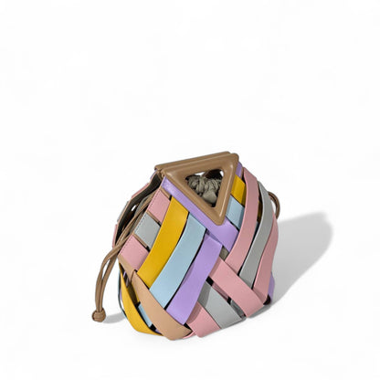 Pastel Rainbow Bottega-Inspired Woven Handbag – Geometric Leather Design with Drawstring Pouch