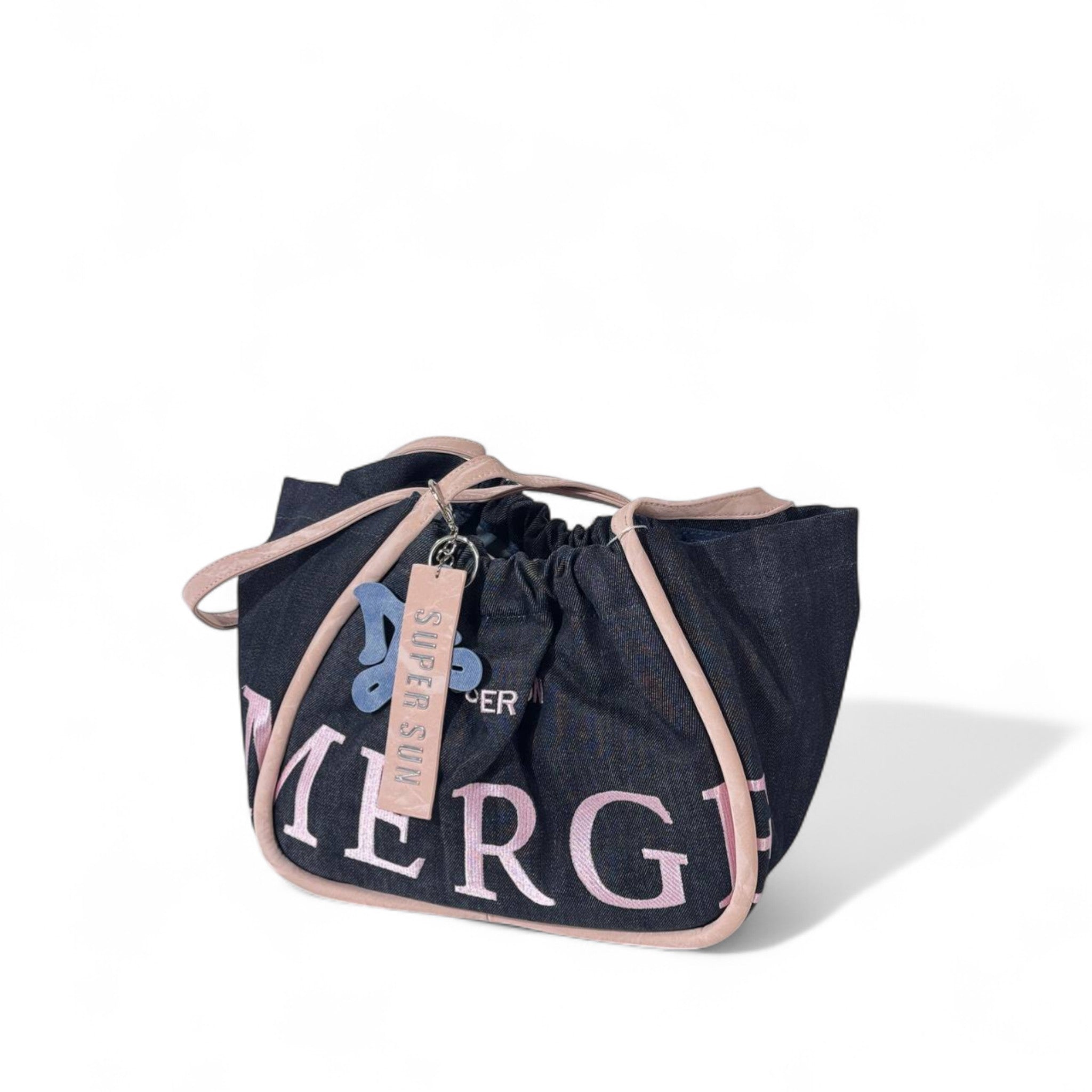 Super Sun “MERGE” Denim Tote – Navy Blue Canvas Bag with Pink Trim & Keychain