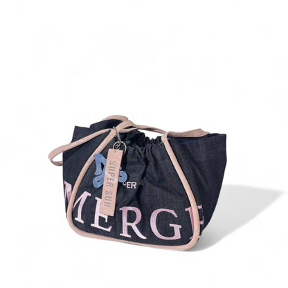 Super Sun “MERGE” Denim Tote – Navy Blue Canvas Bag with Pink Trim & Keychain