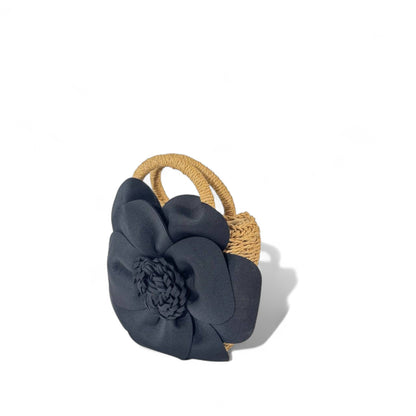 Petal Bloom Straw Mini Tote – Black Flower Accent