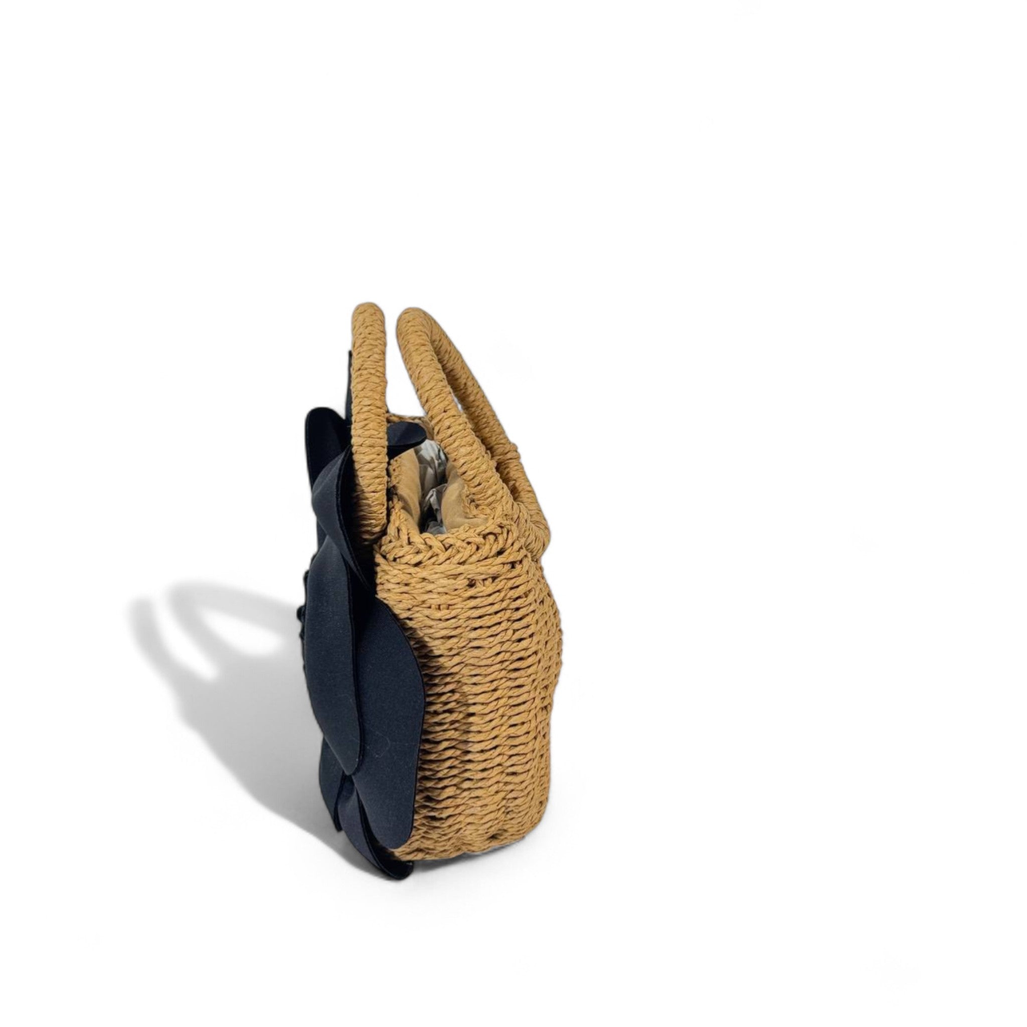 Petal Bloom Straw Mini Tote – Black Flower Accent