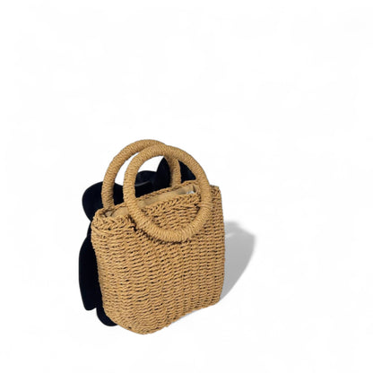 Petal Bloom Straw Mini Tote – Black Flower Accent