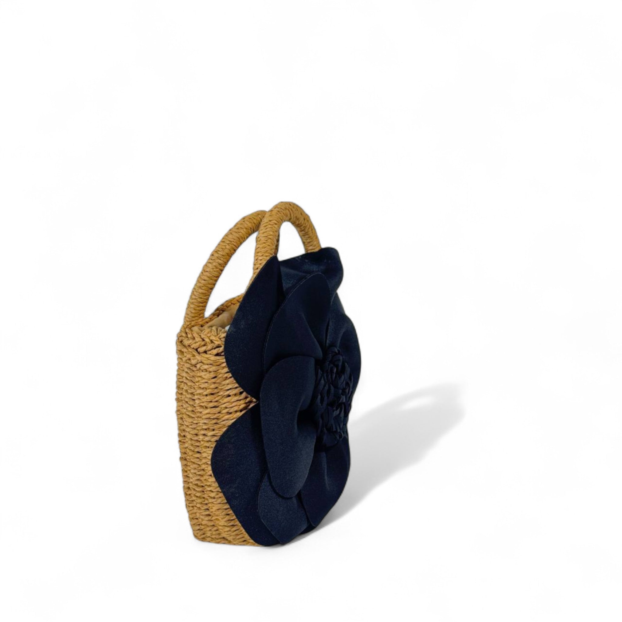 Petal Bloom Straw Mini Tote – Black Flower Accent