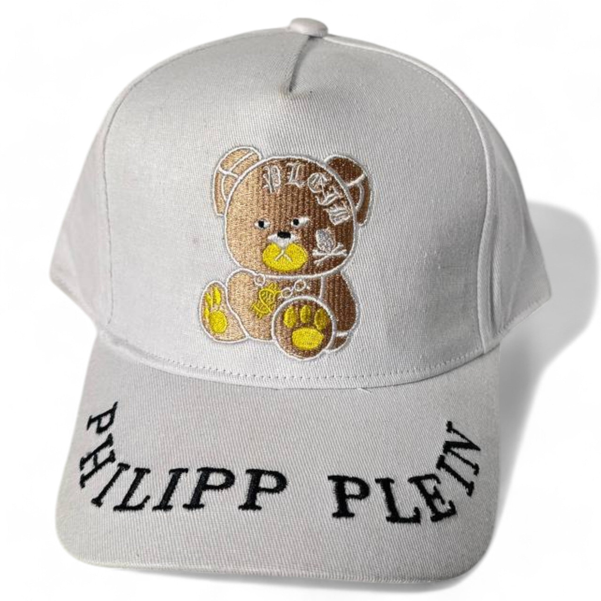 Philipp Plein White Cap with Embroidered Teddy Bear and Logo