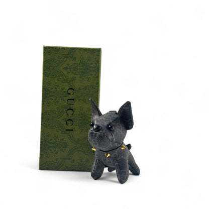 🖤 Gucci-Inspired Black Bulldog Keychain – Faux Leather Dog Charm with Gold Studs ✨