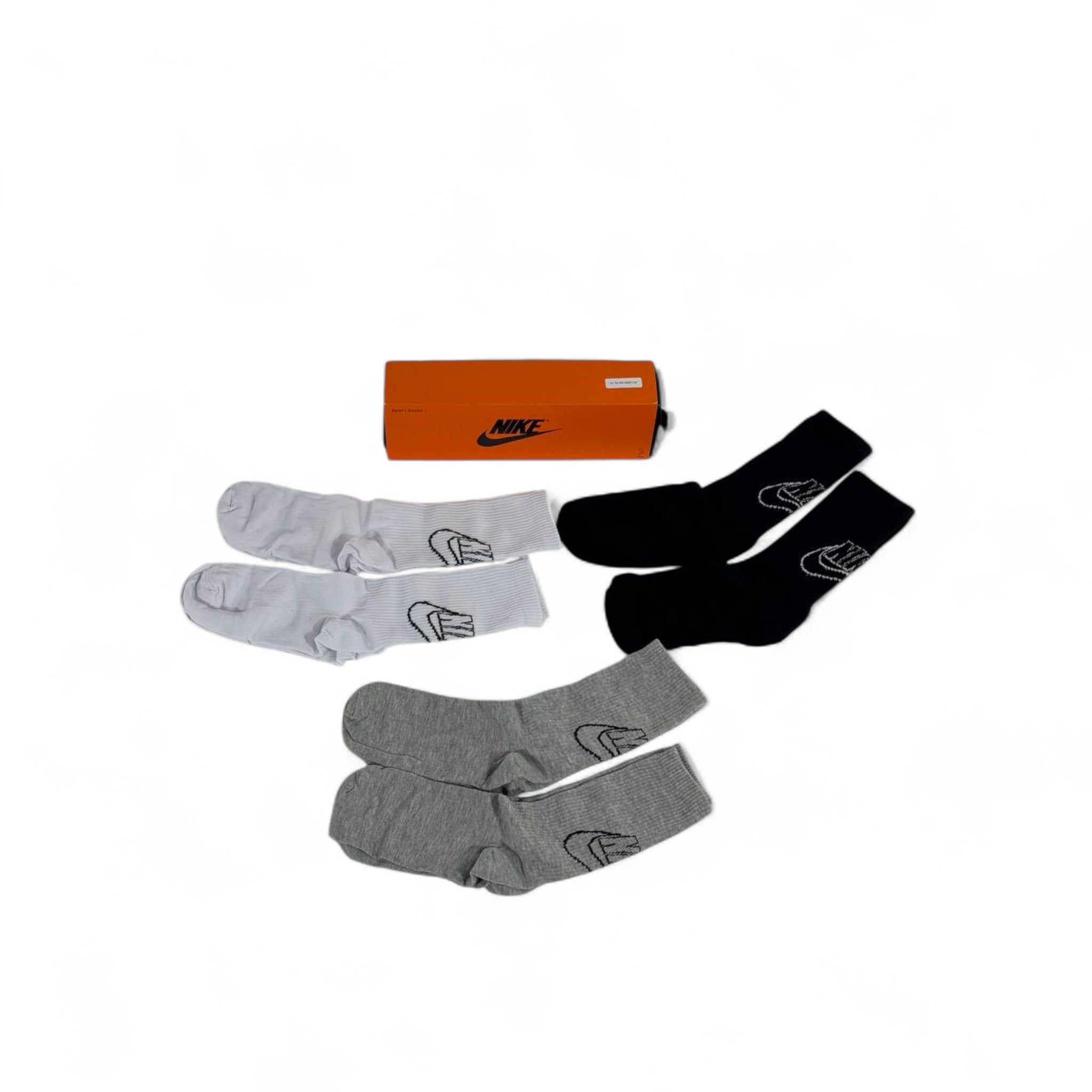 👟 Nike Crew Socks Set – 3 Pairs (White, Black, Grey) with Box