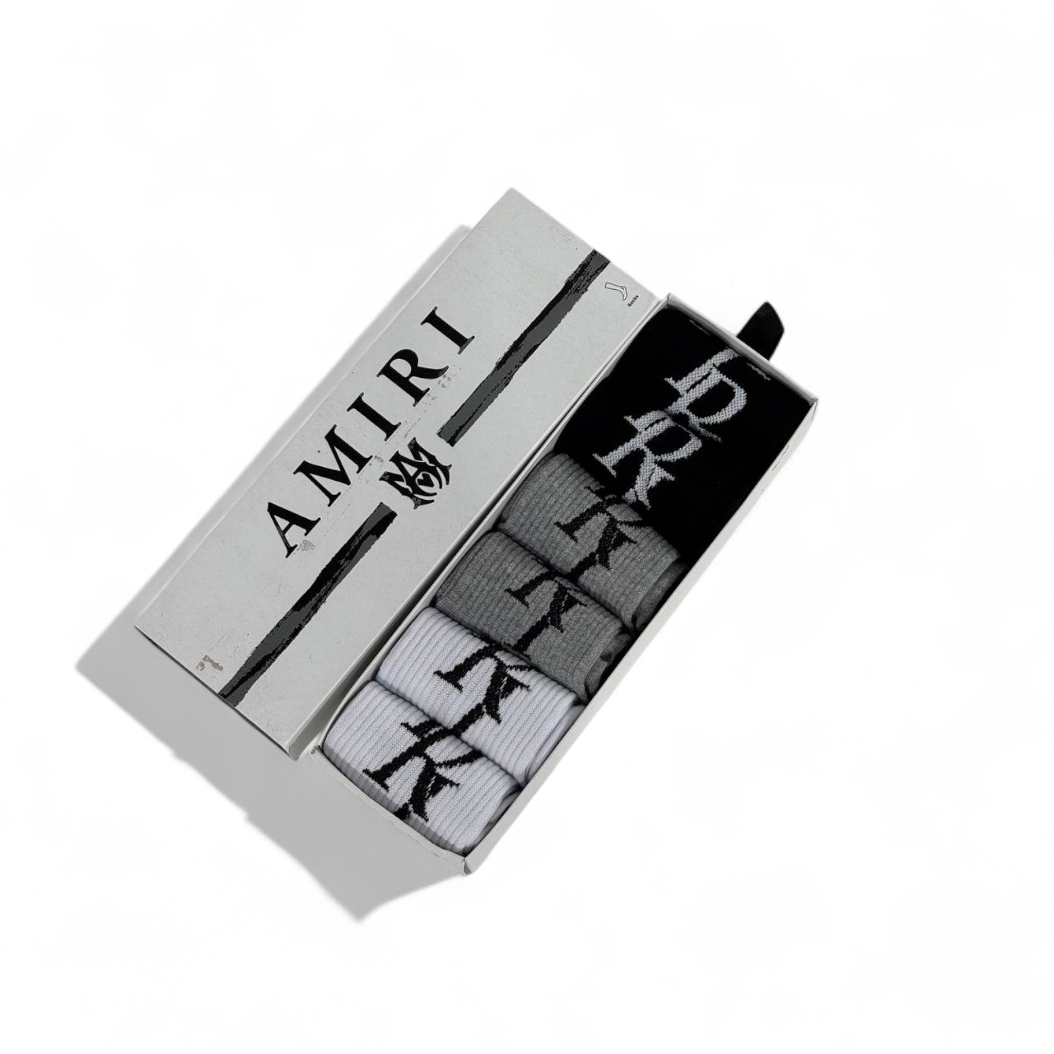Amiri Crew Socks Set – 6 Pairs (White, Black, Grey) with Gift Box