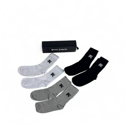 Palm Angels Crew Socks Set – 6 Pairs (White, Black, Grey) with Gift Box