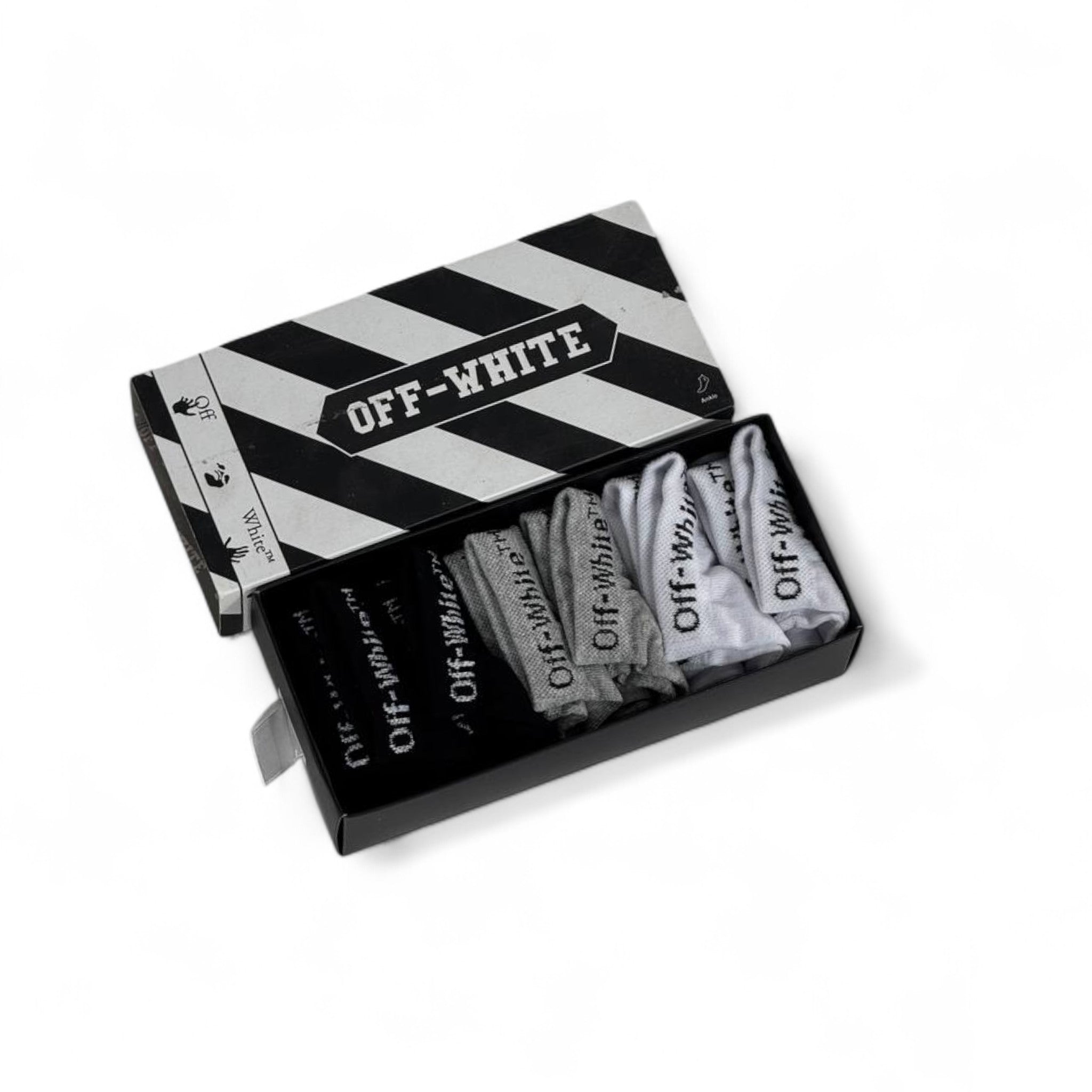 ⚡ Off-White Ankle Socks Set – 6 Pairs (Black, White, Grey) with Gift Box