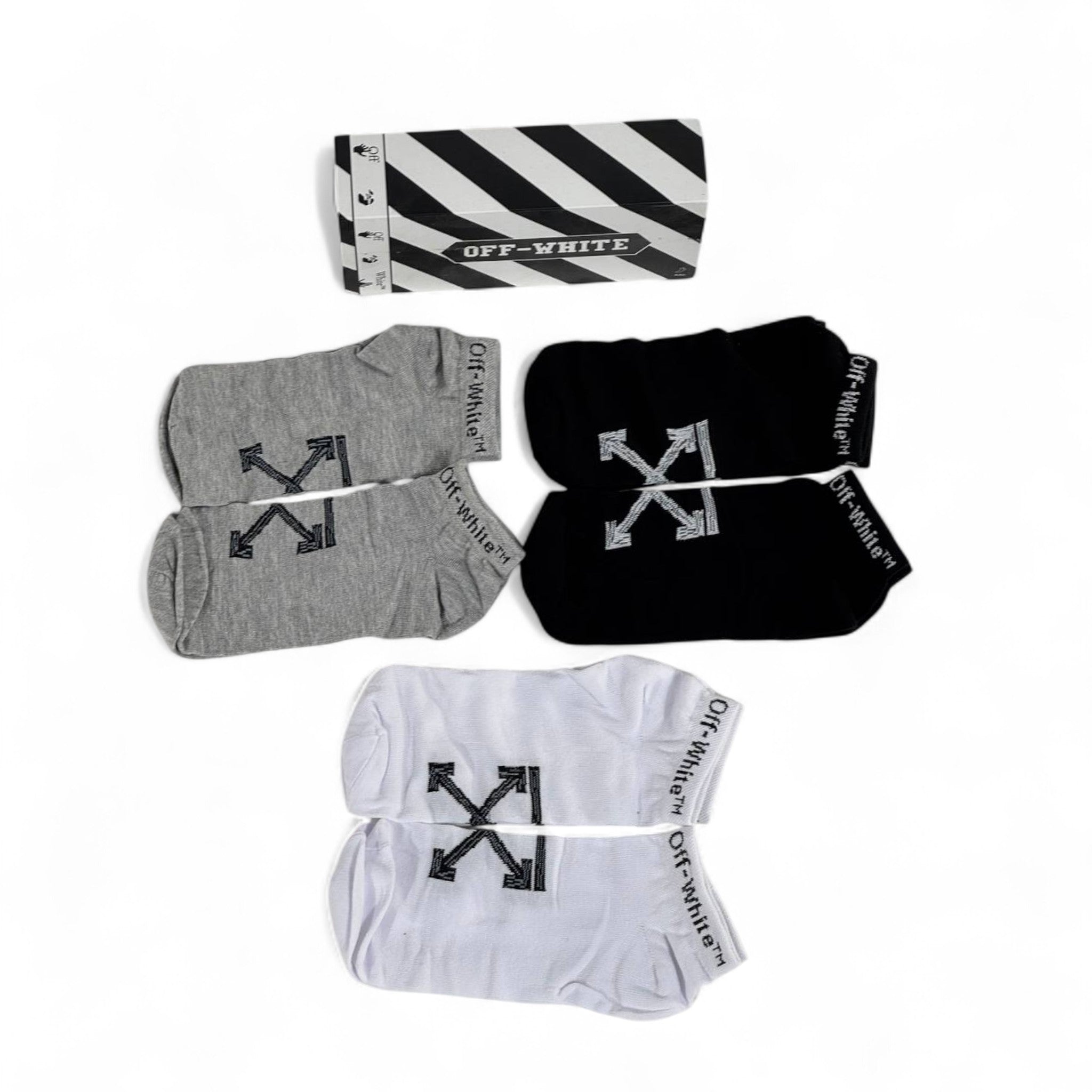 ⚡ Off-White Ankle Socks Set – 6 Pairs (Black, White, Grey) with Gift Box