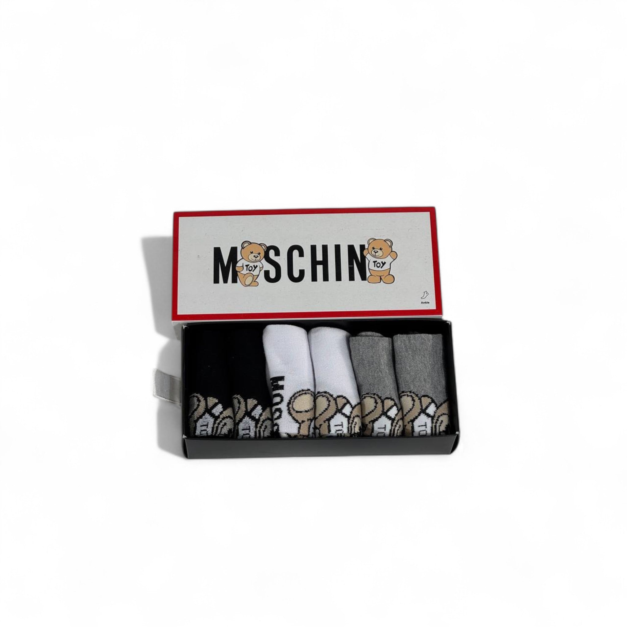 🐻 Moschino Teddy Low-Cut Socks Set – 6 Pairs (White, Grey, Black) ✨