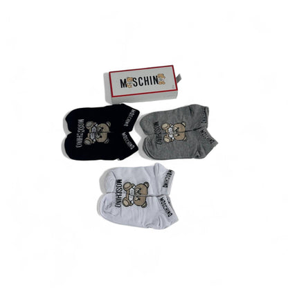 🐻 Moschino Teddy Low-Cut Socks Set – 6 Pairs (White, Grey, Black) ✨