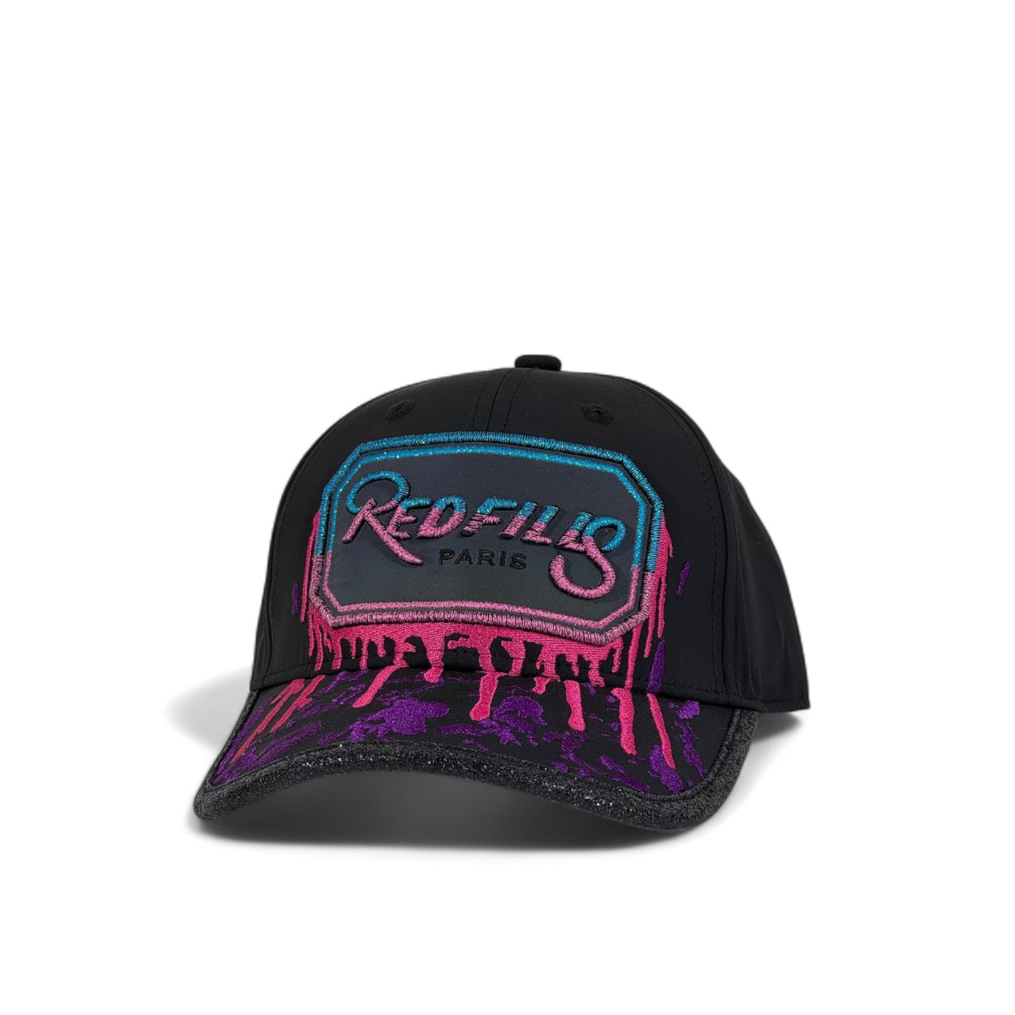 Redfills Paris Neon Drip Embroidered Cap 🧢✨ – Black with Color Splash