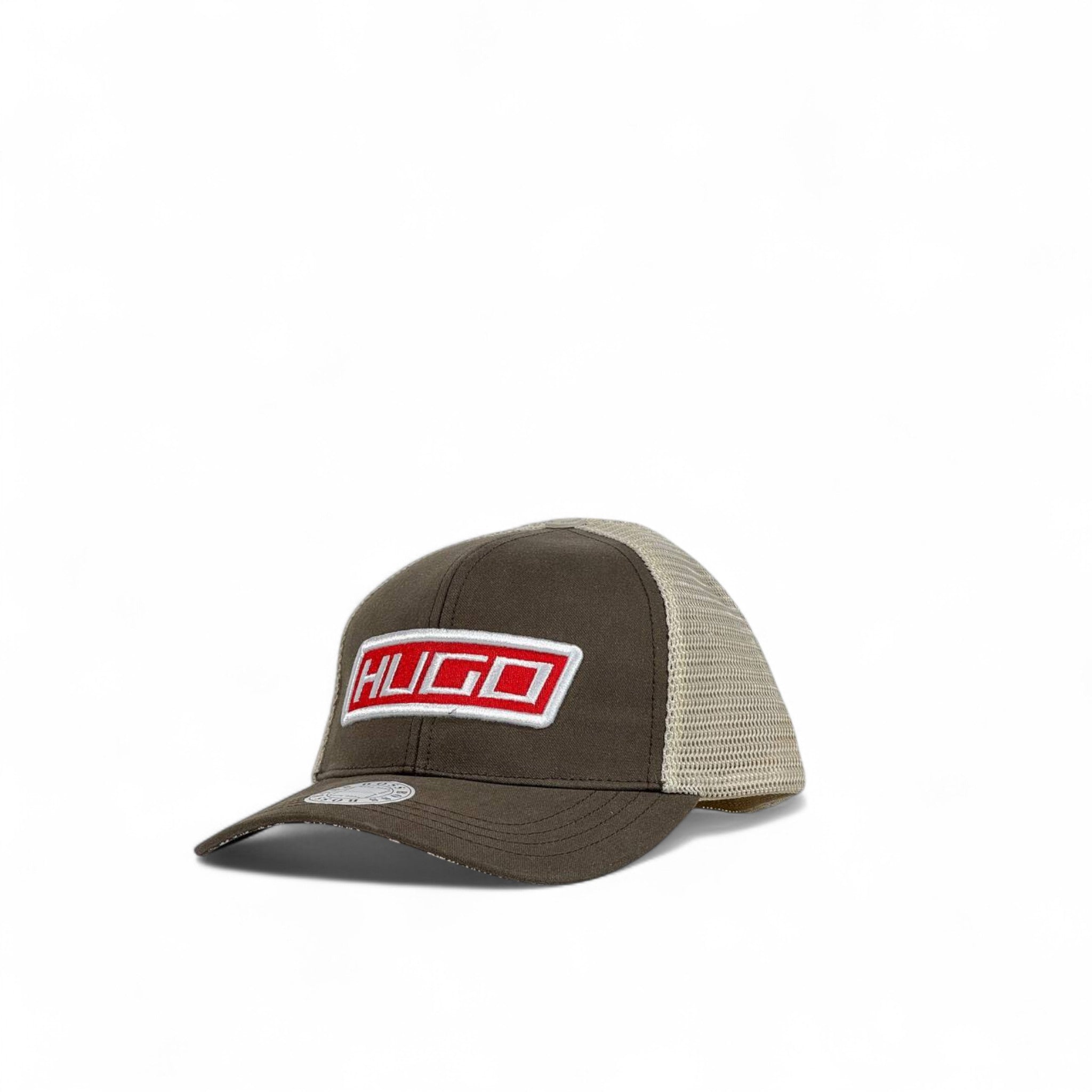 HUGO Brown & Beige Trucker Cap 🟤 | Red Logo Patch Designer Hat