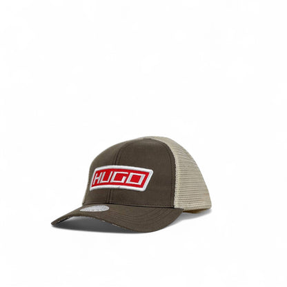 HUGO Brown & Beige Trucker Cap 🟤 | Red Logo Patch Designer Hat