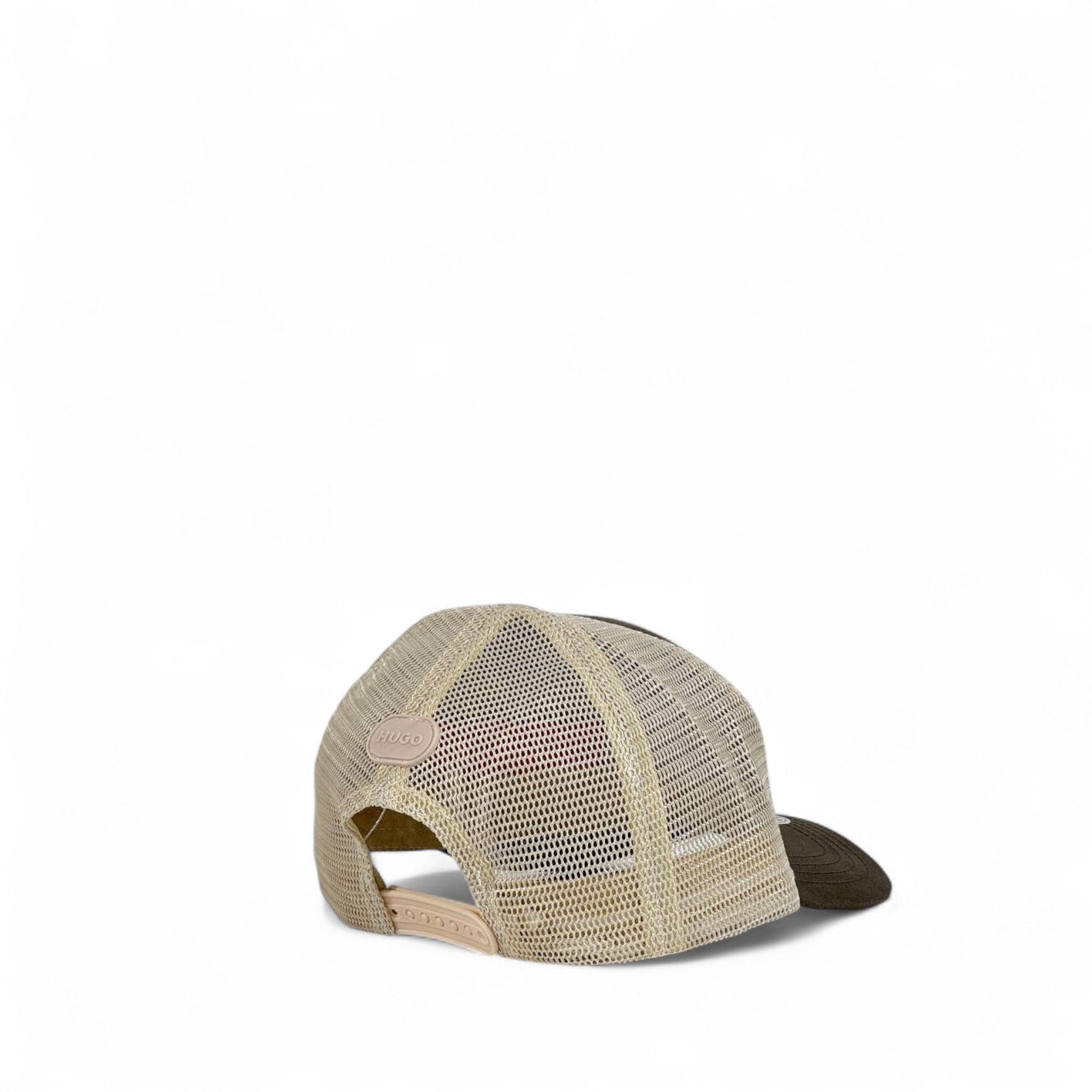 HUGO Brown & Beige Trucker Cap 🟤 | Red Logo Patch Designer Hat