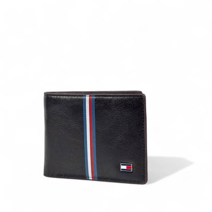Tommy Hilfiger Dark Brown & Black Textured Leather Bifold Wallet – Flag Logo