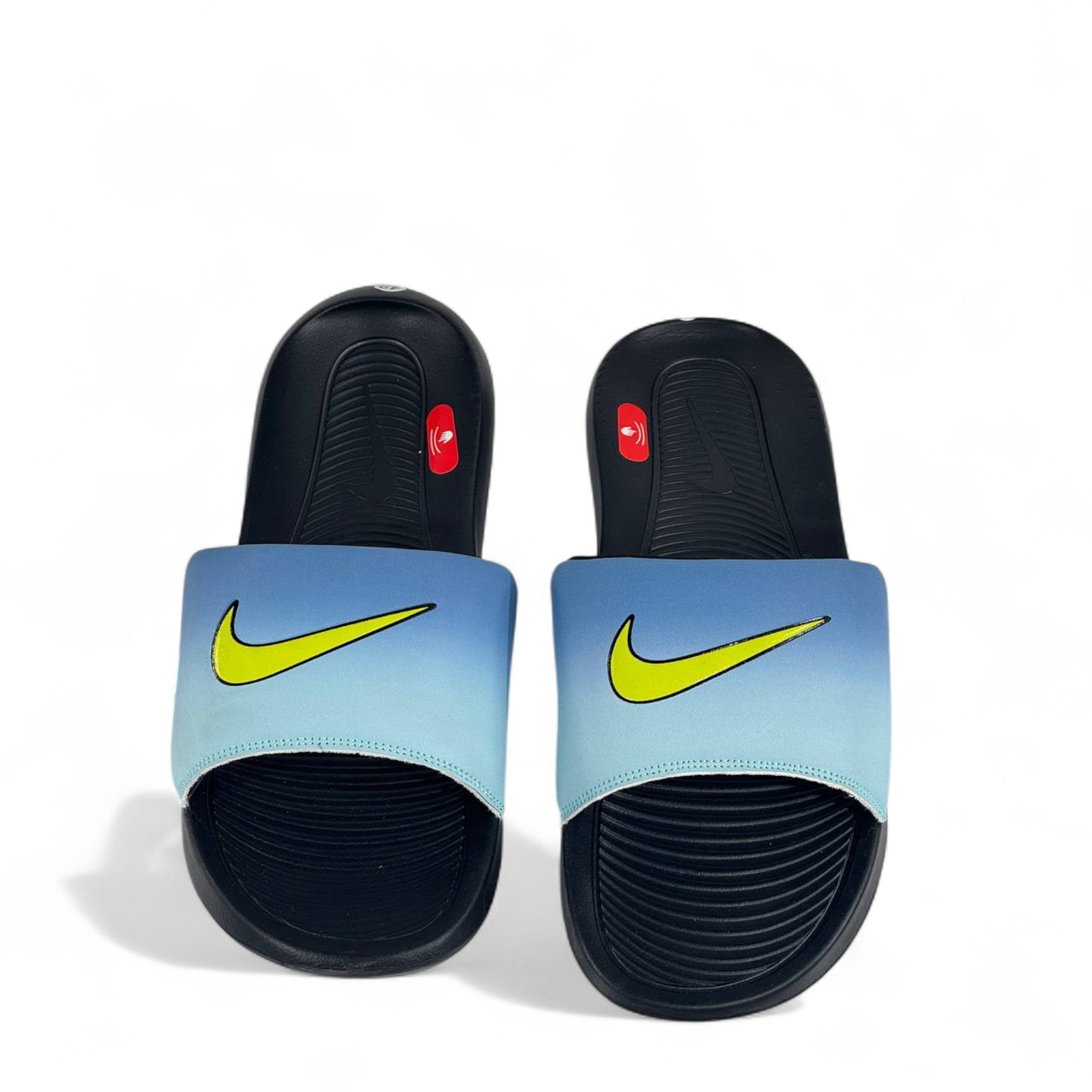 🌊 Nike Blue Gradient Slides – Neon Yellow Swoosh Summer Slippers 💛💙