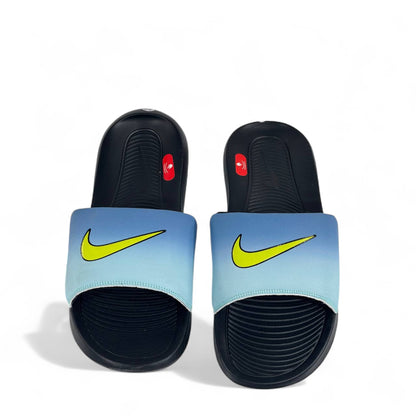 🌊 Nike Blue Gradient Slides – Neon Yellow Swoosh Summer Slippers 💛💙