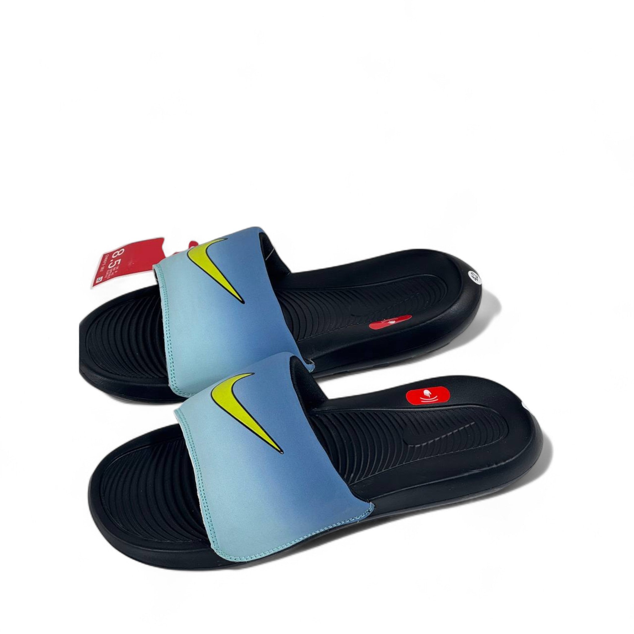 🌊 Nike Blue Gradient Slides – Neon Yellow Swoosh Summer Slippers 💛💙