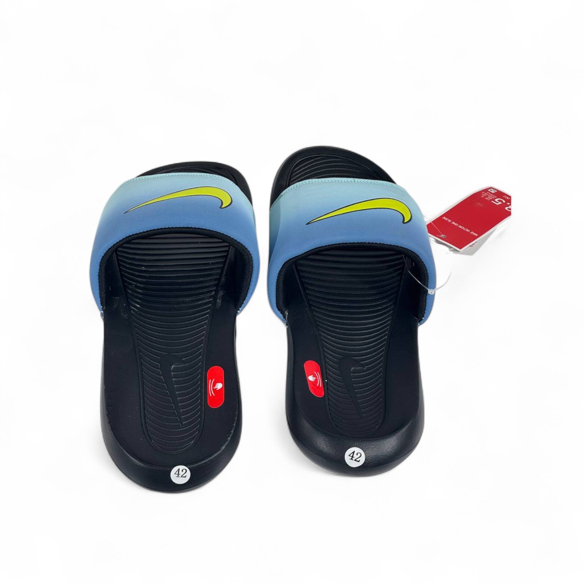 🌊 Nike Blue Gradient Slides – Neon Yellow Swoosh Summer Slippers 💛💙