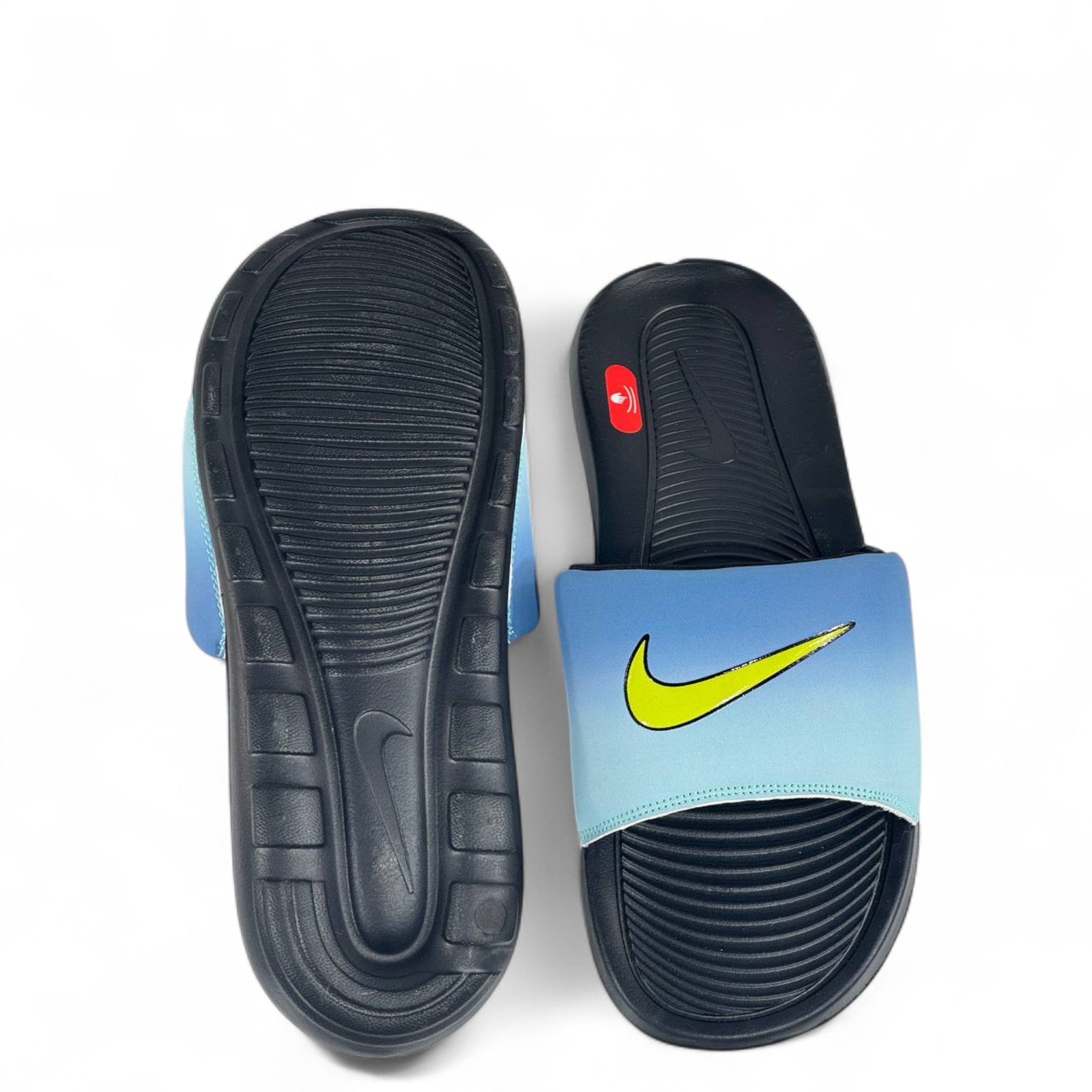 🌊 Nike Blue Gradient Slides – Neon Yellow Swoosh Summer Slippers 💛💙